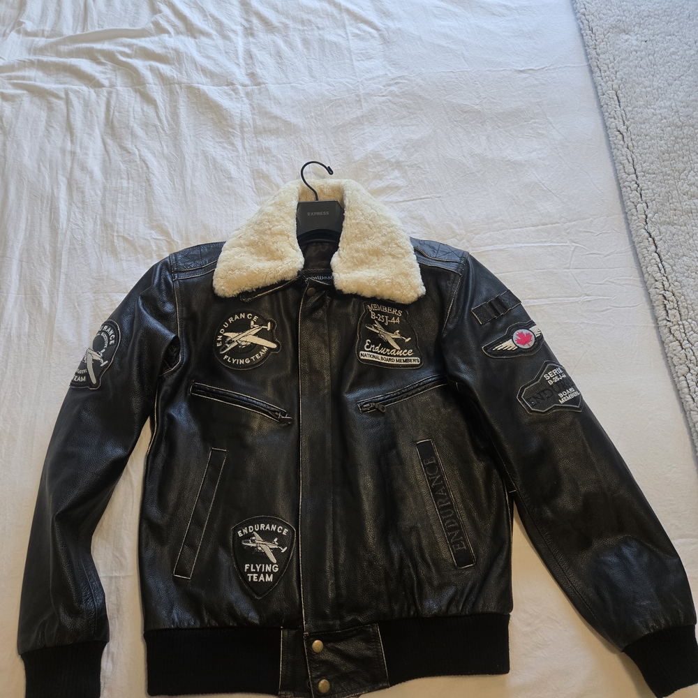 Leather Pilot Bomber Jacket with Collar.